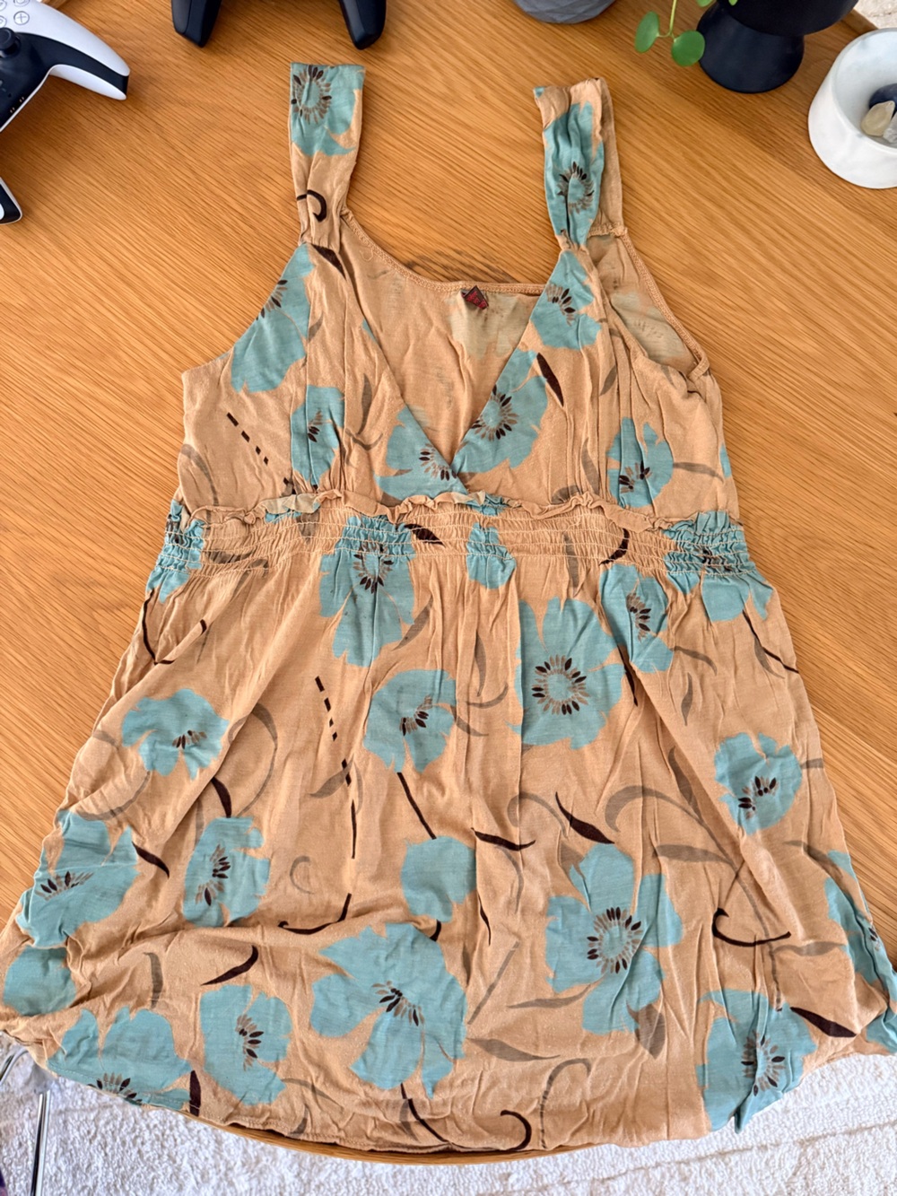 Vintage Language Beige Floral Smocked Waist Women’s Top with Blue Flowers